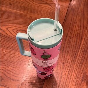 Mary Square Pink and Teal‎ Tumbler with Straw